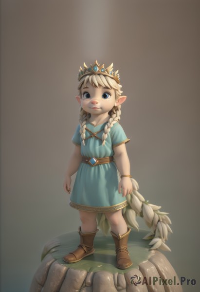 1girl,solo,long hair,looking at viewer,smile,blue eyes,blonde hair,dress,twintails,jewelry,standing,tail,full body,braid,short sleeves,boots,pointy ears,belt,twin braids,bracelet,blue dress,brown footwear,tiara,crown,child,female child,mushroom