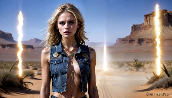 HQ,1girl,solo,long hair,breasts,looking at viewer,blue eyes,blonde hair,shirt,navel,cleavage,bare shoulders,jewelry,medium breasts,jacket,upper body,outdoors,open clothes,sky,sleeveless,day,midriff,signature,necklace,vest,lips,torn clothes,open shirt,no bra,denim,mountain,realistic,open vest,desert,denim jacket,parted lips,blue sky,makeup,wind,scenery,fantasy,sand,unbuttoned,electricity,dirty,landscape