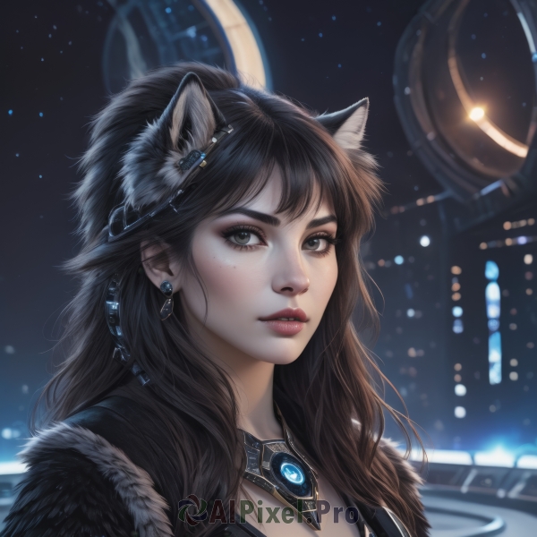 1girl,solo,long hair,breasts,looking at viewer,bangs,brown hair,black hair,hair ornament,animal ears,cleavage,jewelry,upper body,earrings,parted lips,artist name,cat ears,necklace,mole,blurry,black eyes,lips,animal ear fluff,grey eyes,fur trim,eyelashes,mole under eye,night,depth of field,blurry background,portrait,extra ears,freckles,realistic,nose,red lips,ponytail,outdoors,sky,teeth,makeup,watermark,wolf ears,thick eyebrows