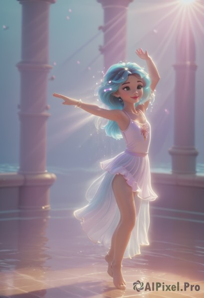 1girl,solo,long hair,smile,skirt,hair ornament,dress,bare shoulders,jewelry,underwear,green eyes,blue hair,standing,panties,full body,earrings,small breasts,barefoot,armpits,water,necklace,white dress,arms up,flat chest,bracelet,see-through,legs,petals,aqua hair,sunlight,white skirt,outstretched arms,pink panties,backlighting,dancing,tiptoes,ripples,pillar,breasts,artist name,blurry,light rays