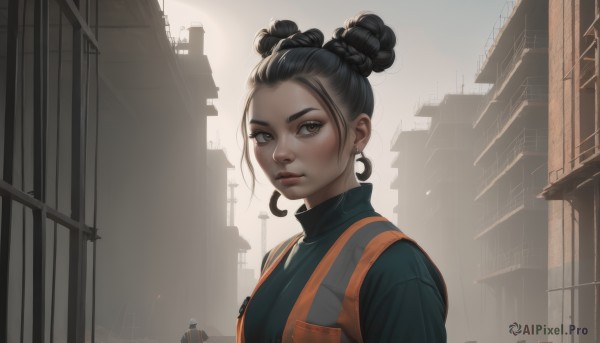 1girl,solo,looking at viewer,shirt,black hair,brown eyes,jewelry,closed mouth,upper body,braid,earrings,outdoors,artist name,dark skin,hair bun,vest,dark-skinned female,lips,double bun,building,city,realistic,nose,short hair,solo focus,sweater,turtleneck,single hair bun,thick eyebrows,crescent,forehead,freckles,hoop earrings,turtleneck sweater