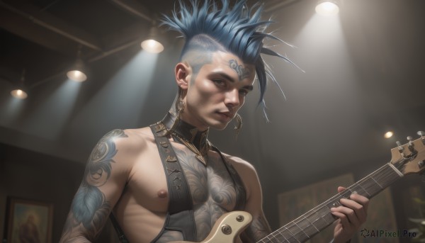 1girl,solo,breasts,short hair,bangs,1boy,holding,bare shoulders,jewelry,closed mouth,nipples,blue hair,collarbone,upper body,male focus,earrings,indoors,blurry,grey eyes,tattoo,blurry background,facial mark,piercing,instrument,ear piercing,music,nipple slip,guitar,arm tattoo,shoulder tattoo,undercut,playing instrument,holding instrument,electric guitar,mohawk,neck tattoo,dreadlocks,nose piercing,looking at viewer,blue eyes,shiny,pectorals,facial tattoo