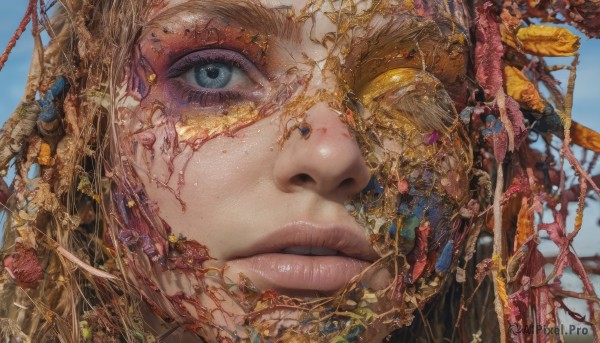 1girl,solo,looking at viewer,open mouth,blue eyes,blonde hair,jewelry,flower,outdoors,parted lips,sky,teeth,day,tongue,tongue out,lips,eyelashes,blood,plant,portrait,close-up,realistic,giant,eye focus,1boy,artist name,blurry,tree,blue sky,freckles