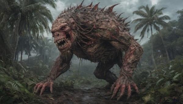 solo,open mouth,red eyes,outdoors,sky,teeth,cloud,tree,no humans,cloudy sky,plant,sharp teeth,nature,claws,spikes,forest,monster,palm tree,horror (theme),dinosaur,day,blood,rain