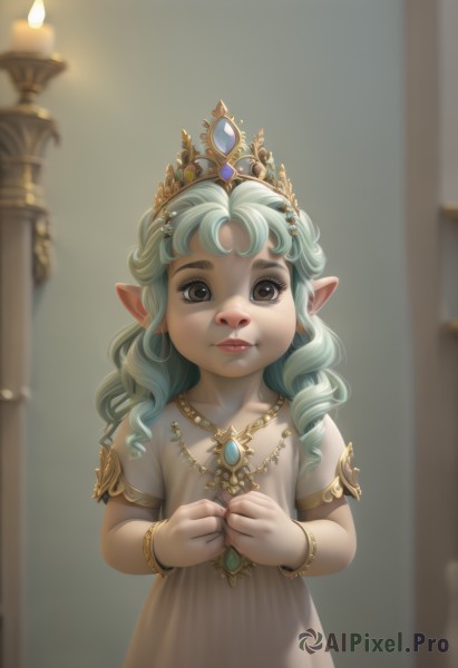 1girl,solo,long hair,looking at viewer,smile,dress,brown eyes,jewelry,closed mouth,upper body,short sleeves,green hair,pointy ears,indoors,necklace,white dress,blurry,flat chest,bracelet,lips,aqua hair,depth of field,blurry background,tiara,crown,gem,child,furry,pendant,curly hair,female child,candle,realistic