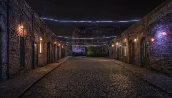 outdoors,sky,tree,no humans,window,night,building,night sky,scenery,stairs,city,fence,electricity,light,road,cityscape,brick wall,lamppost,street,lightning,pavement,fire,plant,fantasy,door,candle,dark,wall,pillar,arch,stone floor,stone wall,brick floor