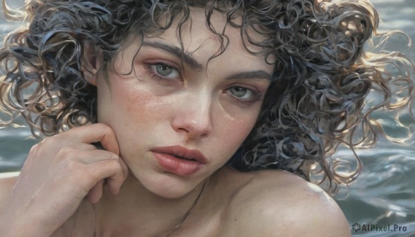 1girl,solo,looking at viewer,short hair,brown hair,black hair,bare shoulders,green eyes,parted lips,hand up,water,lips,grey eyes,wavy hair,messy hair,portrait,close-up,freckles,curly hair,underwater,realistic,nose,long hair,nude,eyelashes,floating hair,wind,mole on cheek