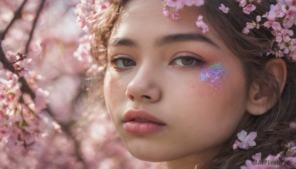 A stunning portrayal of a female in a calm cherry blossoms