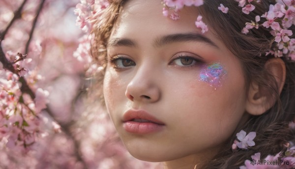 1girl, solo, long hair, looking at viewer, brown hair, brown eyes, flower, parted lips, blurry, lips, eyelashes, cherry blossoms, portrait, close-up, realistic, nose