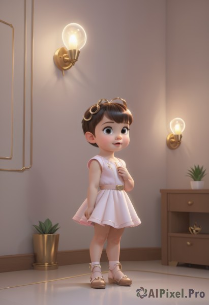 1girl,solo,looking at viewer,blush,smile,short hair,open mouth,brown hair,dress,brown eyes,standing,full body,teeth,sleeveless,belt,indoors,white dress,sandals,plant,hand on own chest,child,female child,potted plant,lamp,male child,black hair,parted lips,shoes,socks,black eyes,white socks,goggles,pink dress,goggles on head,light bulb