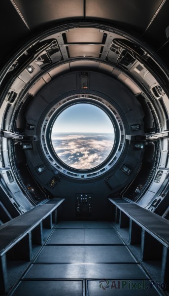 sky,cloud,signature,no humans,window,scenery,reflection,science fiction,stairs,space,planet,earth (planet),spacecraft,indoors,sunlight