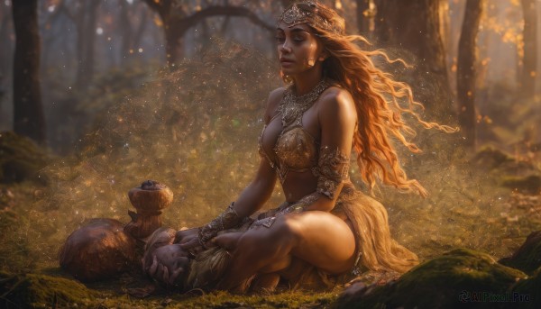 1girl,long hair,breasts,large breasts,brown hair,cleavage,bare shoulders,jewelry,medium breasts,sitting,closed eyes,earrings,outdoors,barefoot,artist name,dark skin,necklace,orange hair,armor,blurry,bracelet,tree,lips,makeup,animal,watermark,wavy hair,tiara,nature,web address,light particles,armlet,forest,circlet,realistic,nose,fantasy,bracer,tribal,solo,1boy,parted lips,midriff,facial mark,sunlight,grass,curly hair,rock,on ground,dirty,gold,death,corpse