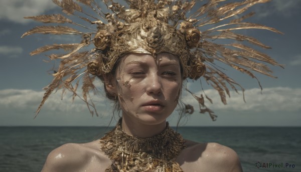 1girl,solo,looking at viewer,short hair,brown hair,black hair,bare shoulders,brown eyes,jewelry,closed mouth,outdoors,sky,day,cloud,water,necklace,blurry,blue sky,lips,blurry background,ocean,beach,half-closed eyes,cloudy sky,feathers,crown,portrait,freckles,realistic,horizon,headdress,gold,hair ornament,collarbone,closed eyes,upper body,facing viewer