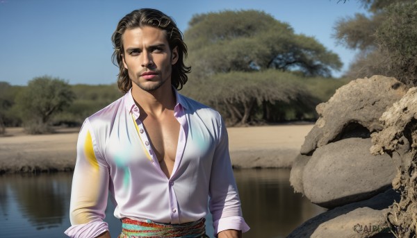 HQ,solo,looking at viewer,brown hair,shirt,black hair,1boy,brown eyes,closed mouth,white shirt,upper body,male focus,outdoors,open clothes,sky,day,collared shirt,dark skin,medium hair,water,tree,lips,wet,sash,open shirt,facial hair,bird,dark-skinned male,pectorals,wet clothes,sleeves rolled up,rock,realistic,wet shirt,partially unbuttoned,pectoral cleavage,photo background,long sleeves,blurry,blue sky,see-through,dress shirt,muscular,scar,muscular male,beard,stubble,chest hair