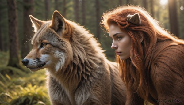 1girl,long hair,blue eyes,brown hair,animal ears,brown eyes,closed mouth,upper body,outdoors,day,orange hair,blurry,from side,tree,lips,profile,depth of field,blurry background,animal,nature,forest,freckles,realistic,nose,wolf,tiger,solo,hair ornament,red hair,sunlight