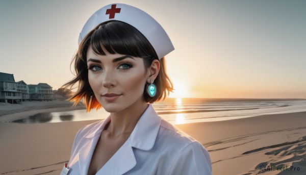 1girl,solo,looking at viewer,smile,short hair,bangs,shirt,black hair,hat,jewelry,closed mouth,collarbone,white shirt,upper body,earrings,outdoors,sky,water,black eyes,lips,grey eyes,eyelashes,ocean,beach,cross,building,backlighting,sunset,realistic,nose,nurse cap,nurse,shore,red cross,blue eyes,makeup,sunlight,thick eyebrows,lipstick,portrait,eyeshadow,labcoat,red lips,sunrise