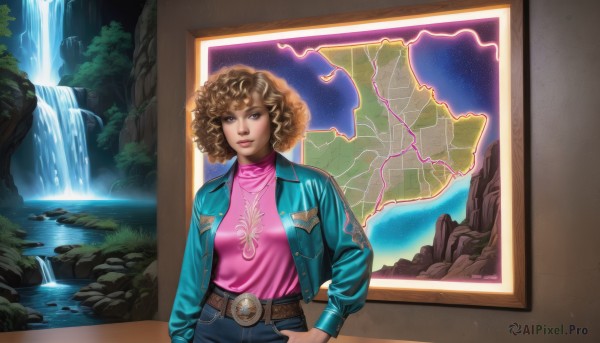 1girl,solo,breasts,looking at viewer,short hair,blonde hair,brown hair,shirt,long sleeves,brown eyes,jacket,cowboy shot,open clothes,belt,pants,signature,dark skin,water,open jacket,dark-skinned female,tree,lips,night,leaf,plant,denim,blue jacket,star (sky),curly hair,pocket,pink shirt,hand in pocket,jeans,rock,nose,leather,big hair,waterfall,afro,denim jacket,jewelry,standing,necklace,looking to the side,turtleneck,hands in pockets