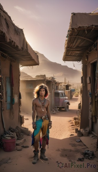 solo,smile,short hair,blonde hair,brown hair,black hair,1boy,navel,jewelry,nipples,standing,full body,male focus,multicolored hair,boots,outdoors,sky,day,belt,pants,cloud,dark skin,necklace,black footwear,bracelet,muscular,piercing,abs,pectorals,ground vehicle,building,scenery,motor vehicle,topless male,realistic,sand,car,bucket,cable,ruins,dirty,desert,truck,tent,drum (container),tire,1girl,looking at viewer,gloves,brown eyes,closed mouth,red hair,earrings,black gloves,fingerless gloves,two-tone hair,lips,toned