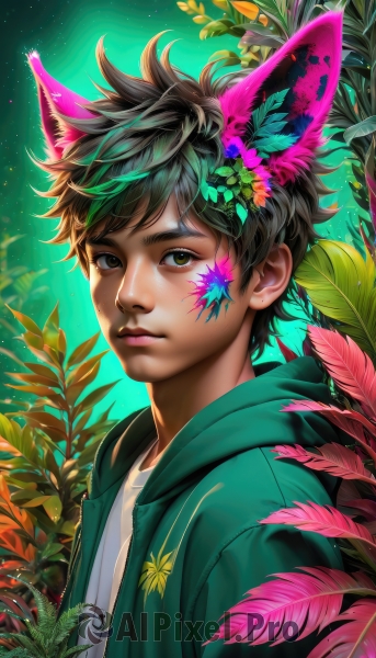 solo,looking at viewer,short hair,bangs,brown hair,shirt,black hair,hair ornament,1boy,animal ears,brown eyes,closed mouth,jacket,white shirt,upper body,flower,male focus,outdoors,green hair,open clothes,artist name,cat ears,signature,hood,open jacket,lips,hoodie,makeup,leaf,watermark,facial mark,hood down,plant,hooded jacket,light particles,green background,green jacket,realistic,nose,facepaint,green eyes,multicolored hair,sky,from side,night,feathers,star (sky),web address,extra ears