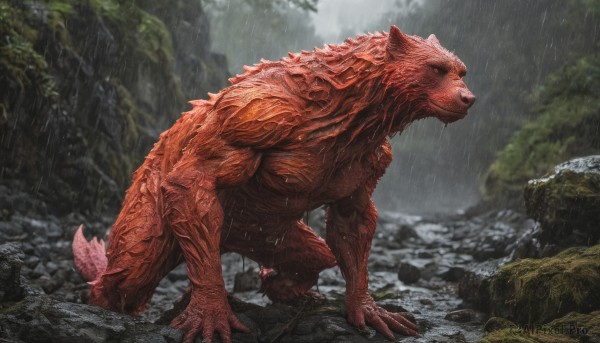 The timeless beauty of a monster in a tranquil rainy outdoors
