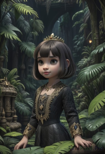 1girl,solo,looking at viewer,smile,short hair,bangs,brown hair,black hair,long sleeves,dress,brown eyes,jewelry,standing,earrings,outdoors,parted lips,blunt bangs,necklace,blurry,black eyes,black dress,tree,lips,fingernails,leaf,bob cut,tiara,crown,plant,child,nature,forest,pink lips,arms at sides,red lips,artist name,flat chest,makeup,watermark,gem