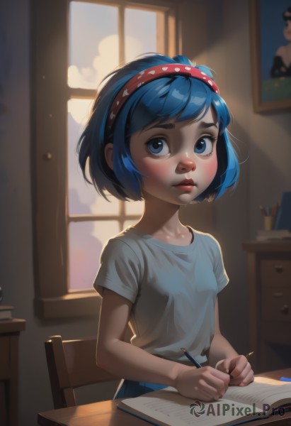 1girl,solo,breasts,looking at viewer,blush,short hair,bangs,blue eyes,shirt,holding,sitting,closed mouth,blue hair,collarbone,white shirt,upper body,short sleeves,hairband,small breasts,day,indoors,blurry,lips,book,window,swept bangs,chair,table,sunlight,polka dot,t-shirt,desk,open book,nose,red hairband,pen,pencil,drawing,holding pencil,aged down,child,web address,female child