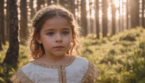 1girl,solo,long hair,looking at viewer,brown hair,hair ornament,dress,brown eyes,jewelry,closed mouth,upper body,outdoors,necklace,blurry,lips,grey eyes,depth of field,blurry background,wavy hair,portrait,nature,curly hair,realistic,nose,head wreath,parted lips,day,sunlight