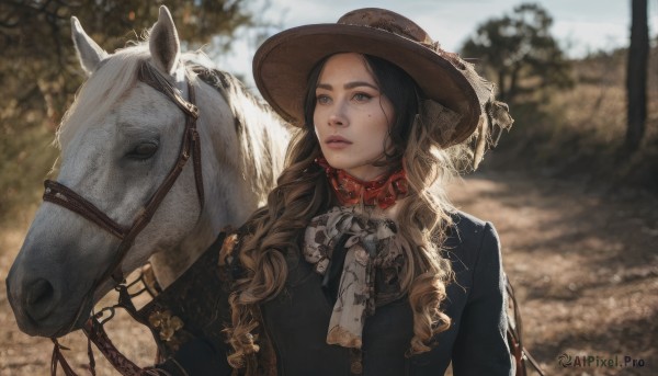 1girl,solo,long hair,blonde hair,brown hair,black hair,long sleeves,hat,ribbon,jacket,upper body,multicolored hair,outdoors,parted lips,day,mole,blurry,tree,lips,mole under eye,depth of field,blurry background,animal,freckles,curly hair,sun hat,realistic,leash,brown headwear,straw hat,horse,saddle,blue eyes,black eyes,looking to the side,wavy hair,sunlight,riding,cowboy hat,horseback riding,reins,chin strap