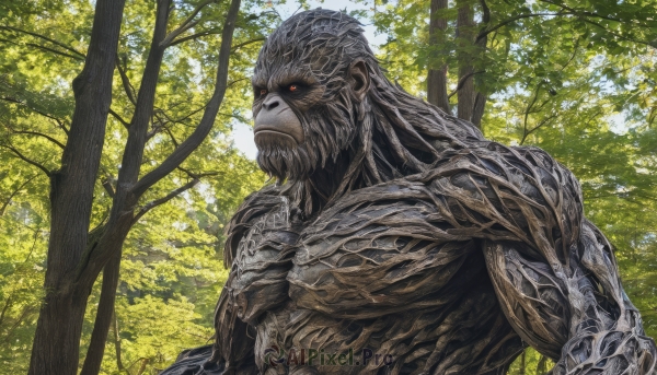 solo,red eyes,1boy,closed mouth,upper body,male focus,outdoors,day,tree,muscular,glowing,colored skin,facial hair,muscular male,nature,glowing eyes,beard,forest,colored sclera,veins,monster,grey skin,looking at viewer,braid,sky,no humans,tusks