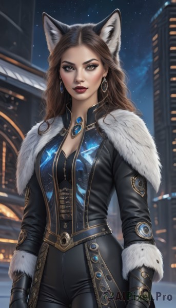 1girl,solo,long hair,breasts,looking at viewer,brown hair,gloves,animal ears,cleavage,brown eyes,jewelry,medium breasts,standing,jacket,cowboy shot,earrings,outdoors,open clothes,sky,black gloves,belt,pants,artist name,cat ears,mole,blurry,lips,coat,fur trim,makeup,night,blurry background,black pants,lipstick,building,gem,star (sky),night sky,mole under mouth,forehead,eyeshadow,starry sky,red lips,necklace,black jacket,wolf ears,city,realistic