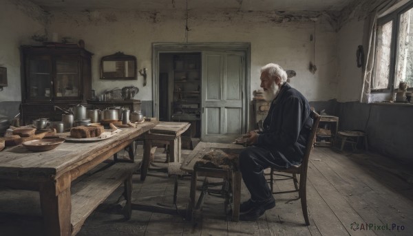 solo,short hair,long sleeves,1boy,sitting,jacket,white hair,grey hair,male focus,shoes,day,pants,indoors,black footwear,from side,cup,black jacket,window,profile,facial hair,chair,black pants,formal,table,suit,plant,scenery,beard,plate,bowl,wooden floor,door,potted plant,lamp,teapot,wide shot,old,old man,picture frame,jar,painting (object),cabinet,wooden table,wooden chair,holding,food,artist name,hair bun,book,single hair bun,reading,kitchen,old woman,stove,wrinkled skin