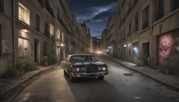 outdoors,sky,cloud,no humans,window,night,cloudy sky,plant,ground vehicle,building,night sky,scenery,motor vehicle,city,sign,door,car,road,vehicle focus,lamppost,street,graffiti,potted plant