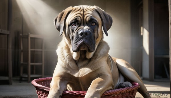 HQ,solo,brown eyes,day,indoors,blurry,no humans,animal,sunlight,dog,light rays,realistic,basket,animal focus,looking at viewer,sitting,outdoors,chair