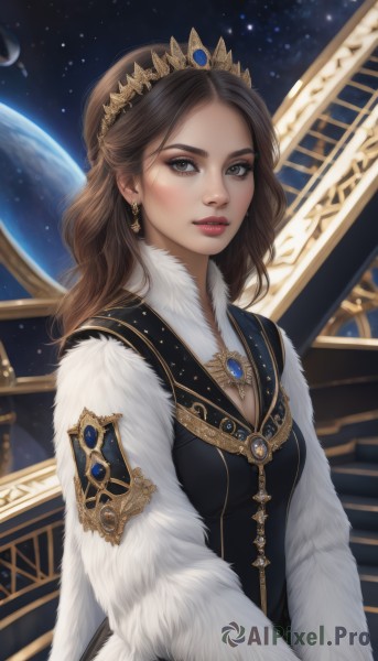 1girl,solo,long hair,breasts,looking at viewer,brown hair,long sleeves,dress,cleavage,brown eyes,jewelry,upper body,earrings,parted lips,sky,necklace,black dress,lips,fur trim,makeup,moon,tiara,crown,lipstick,gem,star (sky),starry sky,gold trim,realistic,red lips,space,planet,earth (planet),parted bangs,stairs,nose