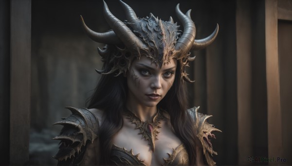 HQ,1girl,solo,long hair,breasts,looking at viewer,blue eyes,brown hair,black hair,cleavage,medium breasts,closed mouth,upper body,horns,armor,lips,grey eyes,blurry background,colored skin,facial mark,helmet,shoulder armor,pauldrons,realistic,fake horns,horned helmet,makeup,pale skin