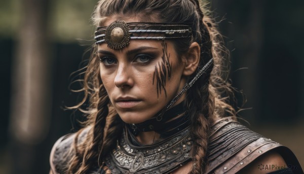 1girl,solo,long hair,looking at viewer,blonde hair,brown hair,braid,parted lips,armor,blurry,black eyes,twin braids,lips,grey eyes,depth of field,blurry background,headband,facial mark,portrait,freckles,circlet,realistic,nose,facepaint,gorget,blue eyes,black hair,jewelry,upper body,tattoo,headdress,tribal