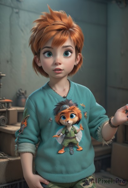 1girl,solo,looking at viewer,short hair,blue eyes,brown hair,shirt,long sleeves,jewelry,green eyes,standing,cowboy shot,earrings,parted lips,shorts,pants,indoors,necklace,orange hair,blurry,bracelet,sweater,lips,blurry background,ring,child,freckles,hand in pocket,realistic,female child,stud earrings,green pants,teeth,watermark,animal print,web address,nose