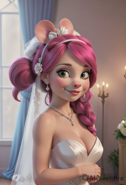 1girl,solo,long hair,breasts,looking at viewer,blush,smile,bangs,large breasts,hair ornament,dress,bow,animal ears,cleavage,bare shoulders,jewelry,medium breasts,green eyes,collarbone,upper body,pink hair,braid,flower,hair bow,hairband,earrings,artist name,indoors,signature,hair flower,necklace,hair bun,white dress,blurry,lips,window,single braid,strapless,makeup,depth of field,blurry background,white flower,lipstick,veil,strapless dress,hair over shoulder,furry,freckles,wedding dress,mouse ears,furry female,red lips,candle,bridal veil,bride,pearl necklace,mouse girl,curtains,realistic,candlestand