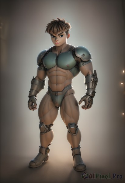 solo,looking at viewer,short hair,blue eyes,brown hair,black hair,gloves,1boy,navel,brown eyes,closed mouth,standing,full body,male focus,thighs,boots,dark skin,fingerless gloves,armor,muscular,scar,thick thighs,abs,dark-skinned male,thick eyebrows,muscular male,shoulder armor,gauntlets,bara,bulge,pauldrons,breastplate,knee pads,shoulder pads,crotch plate,nipples,stomach,black eyes,pectorals,large pectorals,mature male,male underwear,navel hair,leg armor