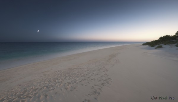 outdoors,sky,water,tree,no humans,night,bird,ocean,beach,moon,star (sky),night sky,scenery,starry sky,sand,horizon,crescent moon,shore,footprints,cloud,nature,sun,landscape