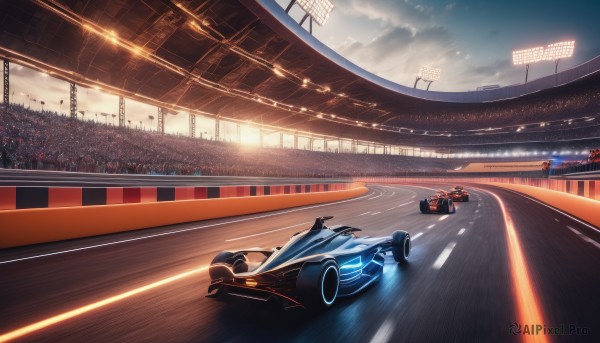 outdoors,sky,cloud,no humans,cloudy sky,ground vehicle,building,scenery,motor vehicle,light rays,car,light,road,vehicle focus,lamppost,crowd,lights,sports car,stadium,bridge