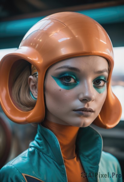 1girl,solo,looking at viewer,short hair,brown hair,shirt,brown eyes,jacket,upper body,parted lips,artist name,signature,blurry,black eyes,lips,eyelashes,bodysuit,makeup,blurry background,turtleneck,watermark,helmet,blue jacket,portrait,eyeshadow,freckles,realistic,nose,eyeliner,orange shirt,blue eyes,closed mouth,shiny,orange hair,lipstick,mascara