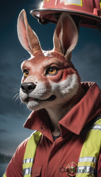 solo,shirt,1boy,animal ears,brown eyes,closed mouth,jacket,yellow eyes,upper body,male focus,outdoors,sky,collared shirt,cloud,rabbit ears,blurry,no humans,night,blurry background,animal,helmet,looking up,red shirt,red jacket,furry,1other,headwear removed,rabbit,realistic,furry female,furry male,body fur,badge,whiskers,clothed animal,patch,looking at viewer