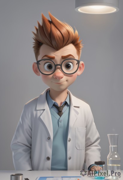 solo,looking at viewer,smile,short hair,simple background,brown hair,shirt,long sleeves,1boy,holding,brown eyes,closed mouth,upper body,male focus,necktie,glasses,collared shirt,indoors,thick eyebrows,blue shirt,spiked hair,child,black necktie,black-framed eyewear,labcoat,male child,test tube,grey background,vest,bottle,lamp