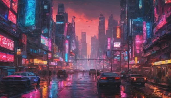 outdoors, sky, cloud, dutch angle, no humans, night, bird, ground vehicle, building, scenery, motor vehicle, reflection, rain, city, sign, car, road, cityscape, street, skyscraper, city lights, cyberpunk, red sky, neon lights, crosswalk