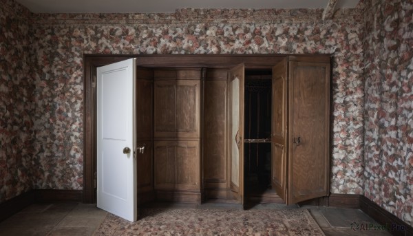 indoors,no humans,scenery,door,tiles,tile floor,open door,doorway,1girl,solo,looking at viewer,wooden floor,horror (theme),carpet