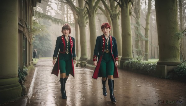 looking at viewer,smile,short hair,brown hair,black hair,red eyes,long sleeves,brown eyes,standing,male focus,red hair,boots,outdoors,multiple boys,necktie,shorts,day,pants,2boys,black footwear,uniform,vest,tree,coat,knee boots,nature,forest,walking,arms at sides,road,1girl,bangs,shirt,jewelry,closed mouth,jacket,white shirt,open clothes,collared shirt,red necktie,scenery,open coat,bush,blue coat,green pants