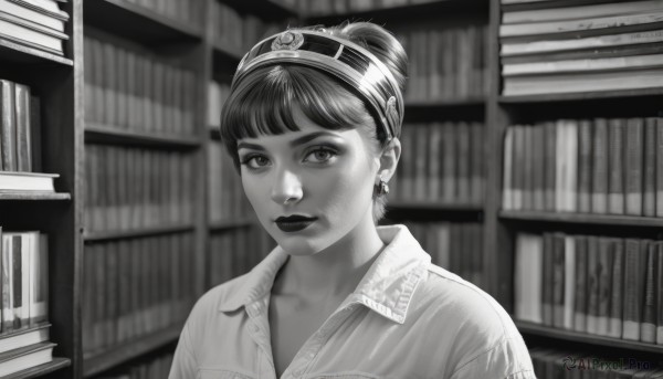 1girl,solo,looking at viewer,short hair,bangs,shirt,jewelry,closed mouth,monochrome,upper body,greyscale,hairband,earrings,collared shirt,indoors,hair bun,blurry,lips,book,eyelashes,makeup,blurry background,single hair bun,lipstick,portrait,realistic,nose,bookshelf,library,smile