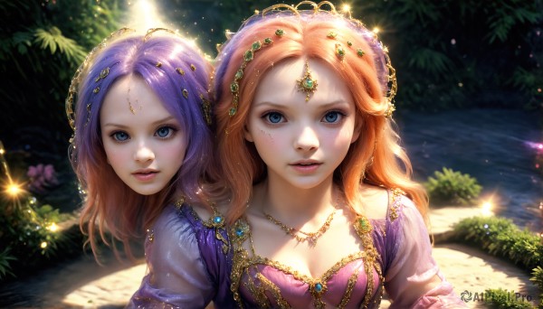 HQ,long hair,breasts,looking at viewer,blue eyes,multiple girls,hair ornament,dress,2girls,cleavage,jewelry,medium breasts,closed mouth,collarbone,upper body,purple hair,short sleeves,outdoors,parted lips,teeth,artist name,water,necklace,orange hair,tree,lips,eyelashes,sparkle,makeup,siblings,sunlight,tiara,plant,sisters,gem,nature,purple dress,freckles,circlet,realistic,nose,bush,flower,red hair,night