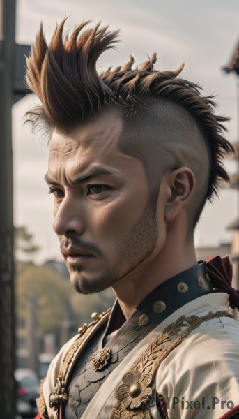 solo,short hair,brown hair,1boy,jewelry,closed mouth,upper body,male focus,outdoors,parted lips,blurry,black eyes,lips,blurry background,facial hair,portrait,beard,realistic,mustache,manly,mohawk,chainmail,blue eyes,black hair,multicolored hair,day,armor,scar,scar on face,serious